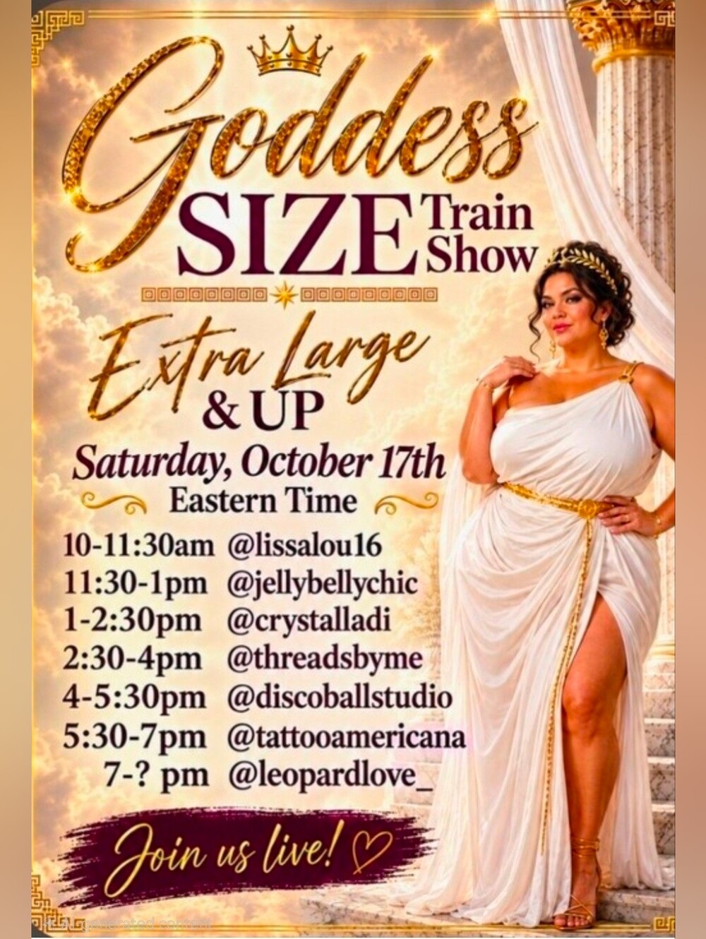 Goddess Size Train Show- Sizes XL and Up Saturday, October 17th 1pm EST/10am PST